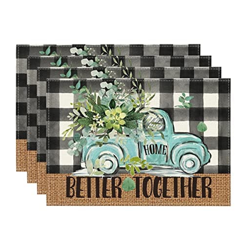 Artoid Mode Black Buffalo Plaid Truck Eucalyptus Summer Placemats Set of 4, 12x18 Inch Spring Table Mats for Party Kitchen Dining Decoration