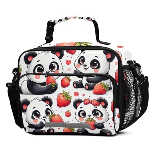 ALAZA Panda Red Strawberry Lunch Box for Girls Kids Insulated Lunch Bag Reusable Lunchbox Cooler Tote Freezable Shoulder Strap for School Picnic