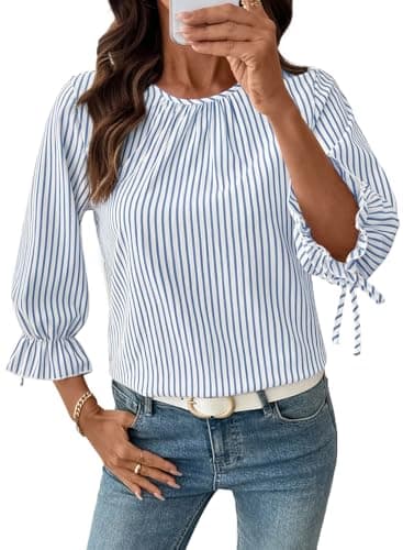 SHEWIN Womens Spring Tops Striped Crewneck Short Sleeve Shirts for Women Lightweight Comfy Summer Tops for Women 2026 Sky Blue Stripe Large
