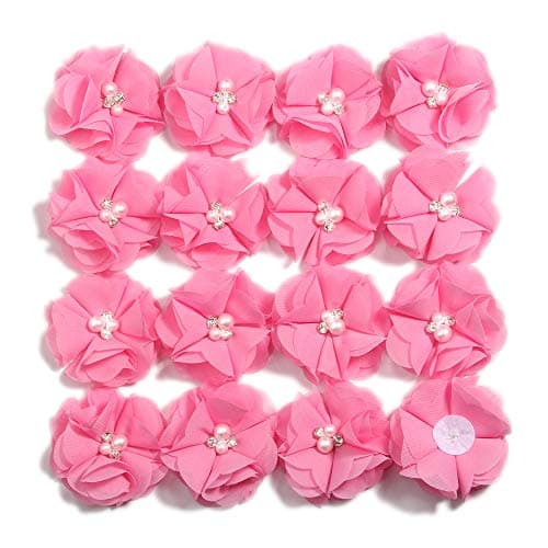 50 Pcs 2" Mini Chiffon Flowers with Rhinestones for Baby Girls Hair Accessories Artificial Fabric Flowers for Headbands Craft Projects (Deep Pink)