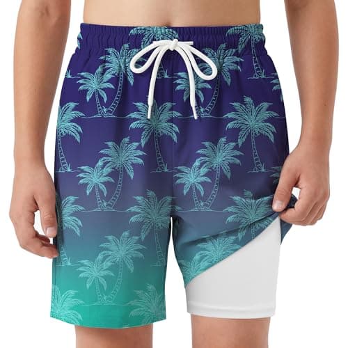 AlisOker Boys Swim Trunks with Boxer Liner UPF 50+ Quick Dry Board Shorts Youth Bathing Suits Beachwear for Kids