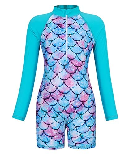 AmzBarley Girls Swimsuit Mermaid Rash Guard Shirt One Piece Swimwear Fish Scale 3D Printed Long Sleeve Bathing Suit UPF 50+ Sunsuit Blue Size 3T(2-3Years)