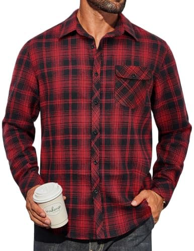 COOFANDY Men's Flannel Shirts Long Sleeve Button Down Plaid Shirt Lightweight Shirt Black Red Plaid