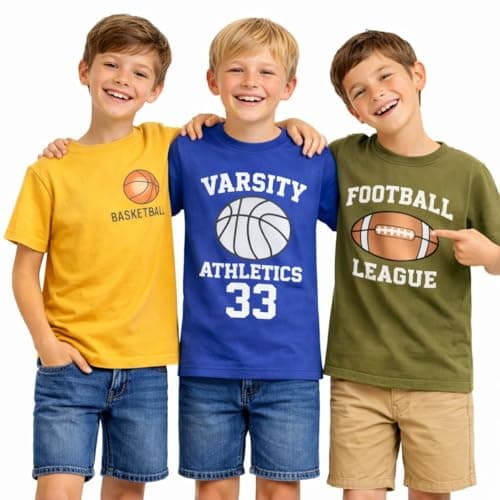 Boys Graphic T Shirts 3 Pack Cotton Short Sleeve Varsity Sports Print Tee Shirts Basketball Football Casual Tops for Kids Big Boys 3-13 Years