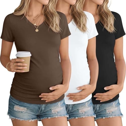 Ficerd 3 Pack Women's Maternity Shirts V Neck Coton Blend Pregnancy Tops Short Sleeve Side Ruched Summer Mama Clothes(Black, White, Coffee,Medium)
