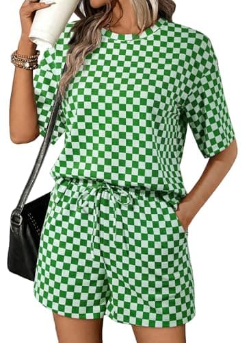 SHEWIN Lounge Sets for Women 2026 Round Neck Short Sleeve Womens Summer Tops and Running Shorts Loose Casual 2 Piece Short Sets Beach Vacation Clothes for Women Grass Green M