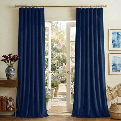 NICETOWN Navy Blue Velvet Blackout Curtains 96 inch Long for Bedroom and Living Room - Soft and Luxury Coastal Wall Decor Thermal Insulated Room Darkening, Back Tab with Pleat, W52 x L96, 2 Panels