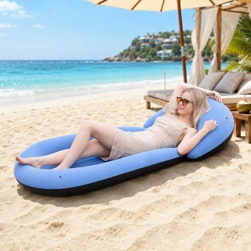 ROUSKY Inflatable Beach Mat with Pillow, Portable Flocked Beach Lounger with Raised Edges, Sand-Free Sunbathing Mat for Beach, Poolside, Camping, Picnic and Outdoor Relaxation, 70 x 29 Inch(Blue)