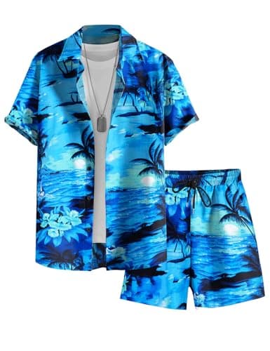 EISHOPEER Men's Flower Button Down Hawaiian Sets Casual Short Sleeve Shirt and Shorts Suits Small