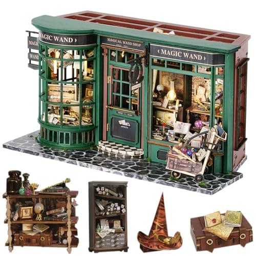 Lannso DIY Dollhouse Miniature Kit, Doll House Kit with Dust Proof Cover, Magic Wand Shop, Mini Handmade Wooden Dollhouse Toys for Adult Gift(F32)