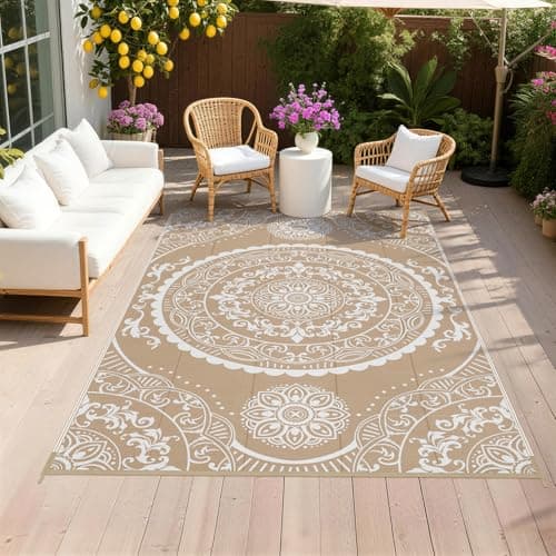 Pauwer Waterproof Outdoor Rug 5x8, Plastic Straw Patio Mat, Paisley Brown