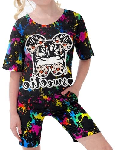 mksodop Clothes for Teen Girls,Kids Clothes Tie Dye Sweatshirt Tops and Short pants 2PCS Girls Summer Outfits (Black, 9-10Y)