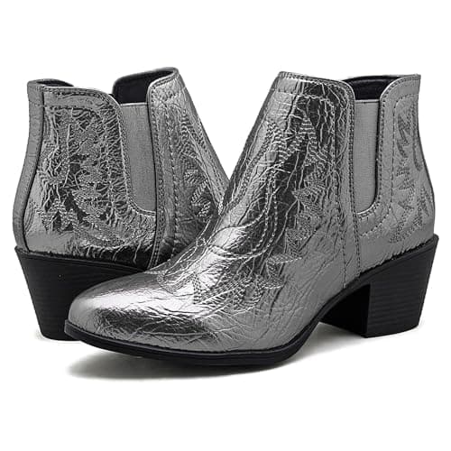 GLOBALWIN Women's Metallic Silver Cowboy Boots Western Style Short Pull On Ankle Cowgirl Boots For Women Low Heel Size 8M