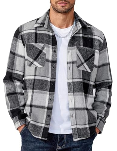COOFANDY Mens Flannel Shirts Long Sleeve Plaid Button Down Shirt Jacket Casual Work Wear Black