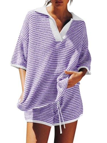 Tankaneo Womens Sweater Set 2 Piece Outfits Oversized 3/4 Sleeve V Neck Knit Tops High Waisted Shorts Lounge Sets