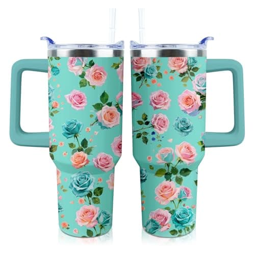 PERRIFIC Blue Floral Tumbler 40 oz Tumbler with Handle and Straw Lid