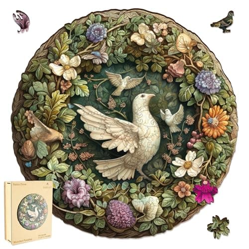 Ruikiyart World Peace Dove Puzzle, Retro Pigeon Pigeon Wooden Jigsaw Puzzles, 5MM 200 Pieces Unique Shape Bird Wood Puzzles Adult Puzzle Gift for Teens (11.2"*11.2")