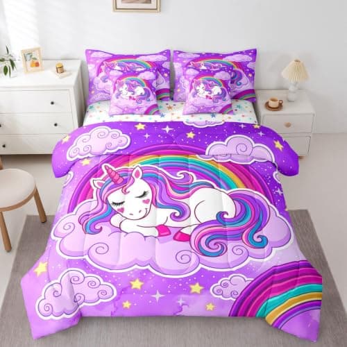 Feelyou Unicorn 7 Piece Bedding Set Rainbow Unicorn Comforter Set with Sheets,Cute Unicorn 7 Piece Bedding Set for Girls Teens Queen Size