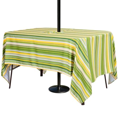 Poise3EHome 60X84 Outdoor/Indoor Waterproof Spillproof Rectangle Tablecloth with Umbrella Hole for Camping, Picnic, Party, Patio Table, Spring, Green Stripe