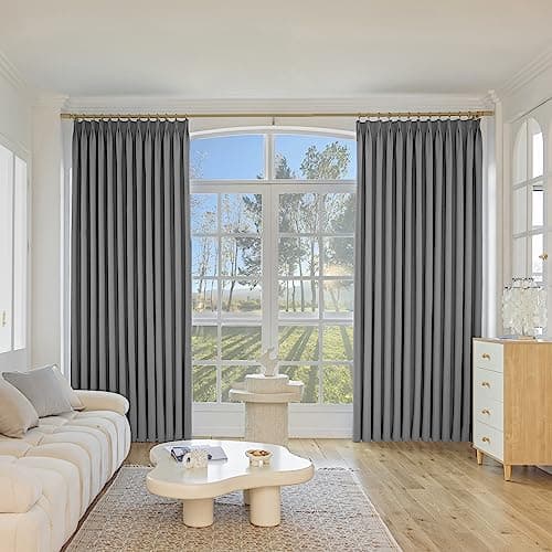 MUMFAS 72 W x 96 L inch Pinch Pleated Curtain Room Darkening Thermal Insulated Waterproof Faux Linen Drape for Living Room Bedroom Meetingroom Club Theater Patio Door (1 Panel, Light Grey)