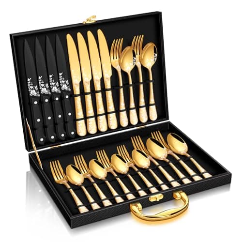 Stapava 24 Pcs Gold Silverware Set with Gift Box, Stainless Steel Gold Utensils Cutlery Flatware Set for 4, Include Forks Spoons and Knives Set for Home Wedding Party, Mirror Finish, Dishwasher Safe