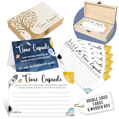 EMNAPH Time Capsule Box for 1st Birthday - Baby's First Birthday Keepsake Kit with 50 Pcs Space Party Games Cards, Child-Suitable - Time Capsule Cards Memory Box Gift (Letters to Open at 18) -A01