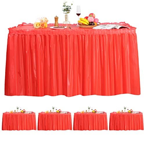 5 Pack Plastic Table Skirts & Cloths for Rectangle Tables, 14 Ft Blue Tableskirts & 54" x 108" Tablecloths, Disposable Tablecloth Skirt Covers for Party, Birthday (Red)