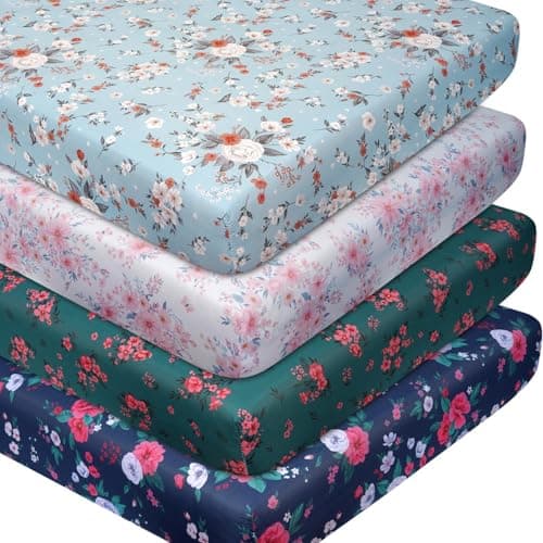 Floral Pattern Crib Sheets Neutral, Breathable Soft Microfiber Crib Sheets, 28 X 52 in Baby Sheets for Crib, 4 Pack Fitted Sheet for Toddler Bed Mattress