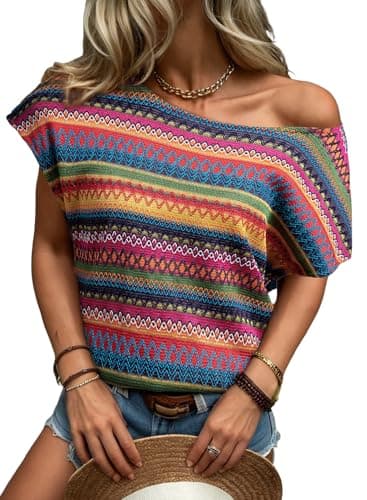 Dokotoo Summer Boho Tops for Women Crewneck Short Sleeve Color Block Women's Clothing Casual T Shirts 2026 Striped Trendy Cute Beach Vacation Crop Tops Womens Blouses Clothes Multicolour