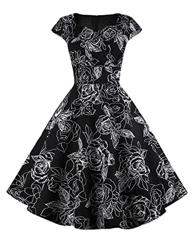 Hanpceirs Cap Sleeve 1950s Formal Dresses with Pocket Black White Floral 2X