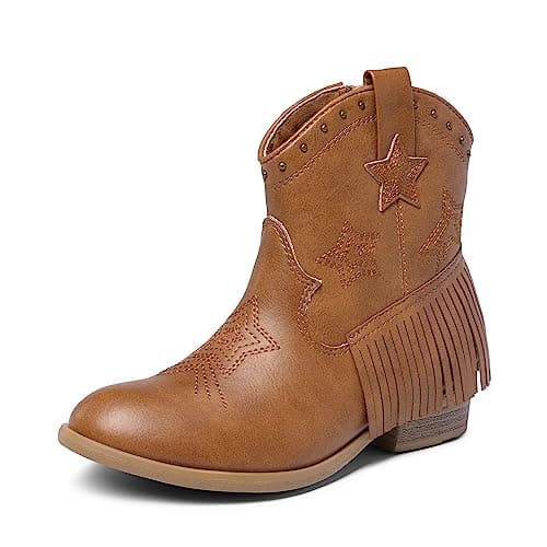 DREAM PAIRS Girls Cowgirl Cowboy Ankle Western Boots Side Zipper Riding Shoes with Tassel,Size 11 Little Kid,CAMEL,SDBO2302K