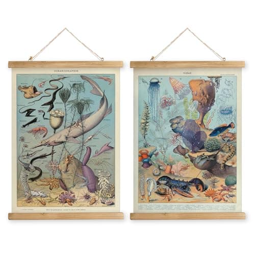 2 Pack Vintage Poster Hanger Frame, Retro Style Wall Decor Art Painting, Patterns are Printed on Linen Without Fading, Living Room Office Classroom Bedroom Playroom Apartment Decor. (Sea Creatures)