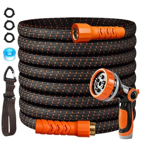 100FT Flexible Garden Hose & 10Modes Nozzle,Lightweight Water Hose,Kink-Free,All-Weather 3/4 in. Hose for RV,Boat,Car Wash,Garden,Yard,Camper,Outdoor NoneExpand (100Ft,Orange-Black)
