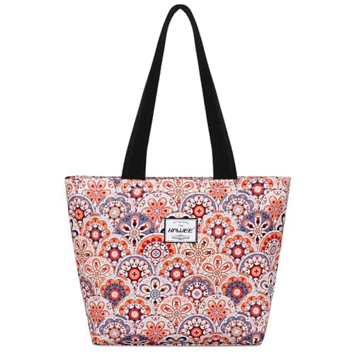 HAWEE Tote Bag with Zipper for Women Inside Mesh Pocket Heavy Duty Casual Anti-water Cloth Travel Shoulder Handbag, Orange Flower
