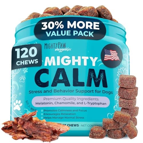 Mighty Paw Calming Chews for Dogs with Melatonin - Vet Formulated Dog Sleep Aid - Puppy & Large Pet Treats - Waggables Calm -Composure Calming Chews for Stress & Relaxation, 120 Count (Made in USA)