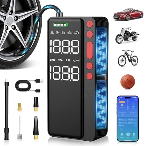 MATULSA Tire Inflator Portable Air Compressor, Smart APP Control Air Pump for Car Tires, 10000mAh, 4X Faster 150PSI Bike Pump with All-in-One Storage, LED Light & Auto Shut-Off for Motorcycles, Balls