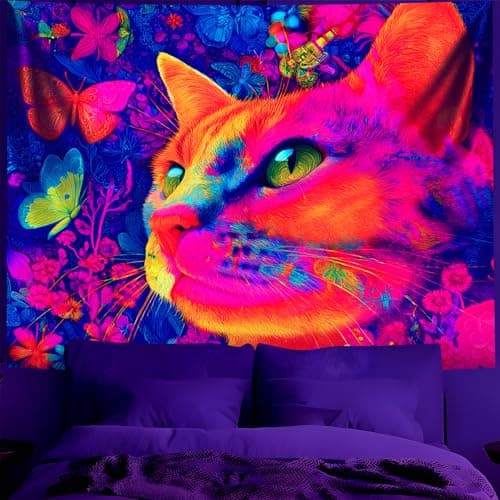Blacklight Tapestry,Animal Tapestry Glow In The Dark,UV Reactive Black Light Upright Posters Wall Hanging for Bedroom Dorm Living Room Backdrop Decor Neon landscape tapestry (Cat-2, 59" x 51", Unframed)