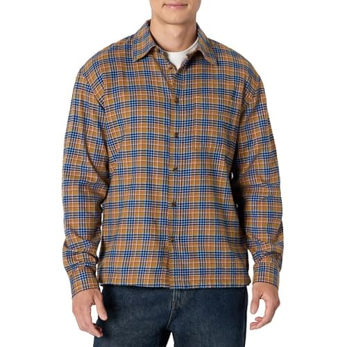 Amazon Essentials Men's Relaxed-Fit Long-Sleeve Flannel Shirt with Button Front Closure, Spread Collar, Chest Pocket, Dark Khaki Blue Houndstooth Plaid, X-Large