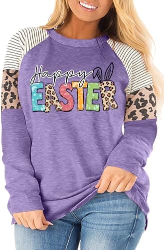 Womens Easter Shirt Plus Size Bunny Rabbit Graphic Tees Happy Easter Bunny Tops Funny Spring Shirts(Purple,2XL)