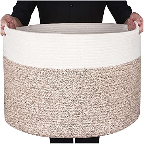 MINTWOOD Design Extra Large 22 x14 Inches Decorative Woven Cotton Rope Blanket Storage Basket Bin Living Room and Laundry Hamper for Pillows, Pool Towels, Dog Toys, Shoes, Light Brown