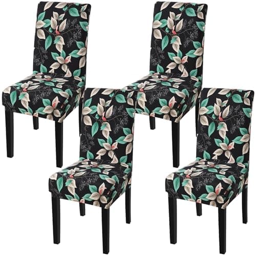 Fuloon Chair Covers for Dining Room 4 Pack, Printed Stretch Dining Slipcovers, Washable Kitchen Slip Covers for Parson Chair Midnight Leaves Printed, Set of 4