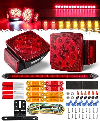 Partsam Submersible LED Trailer Tail Light Kit, Square Trailer Lights+Light Bar+8 Side Markers, with 25FT Wiring Harness Reflective Stickers Combined Stop Turn Tail License Lights for Boat Trailer 12V