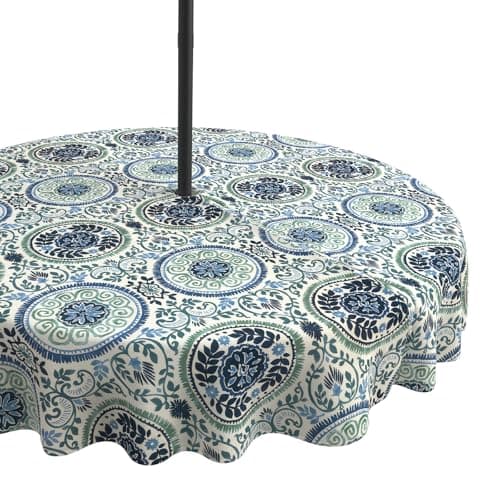 LVTXIII Round Outdoor Tablecloth with Umbrella Hole and Zipper, Water-Repellent 60 Inch Patio Table Cover for Bistro, Garden, Patio & Picnic, Coastal Medallion
