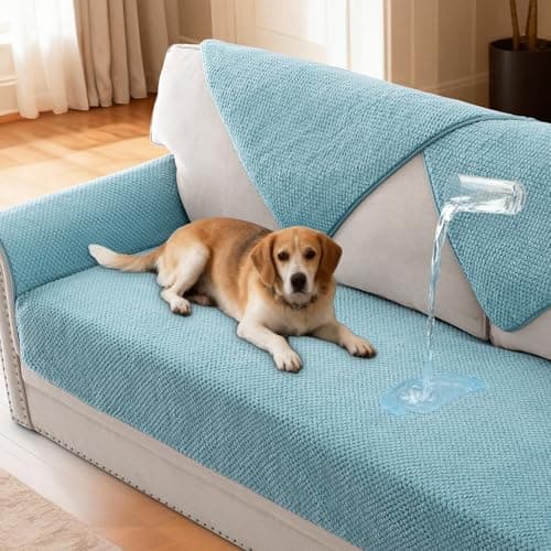 H.VERSAILTEX Waterproof Couch Cover Plush Sofa Cover with Strap Soft Anti Slip Sofa Slipcovers for 2 Cushion Couch Loveseat Couch Protector Cover for Dogs Cats Kids,36x48'',Porcelain Blue