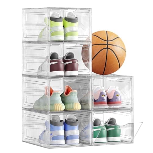 SONGMICS Shoe Boxes, Set of 6, Clear Plastic Shoe Storage, Stackable Sneaker Box, Drop Front Door, Up to US Size 11, Easy Assembly, 13 x 9.8 x 7.1 Inches, Transparent White ULSP032W06