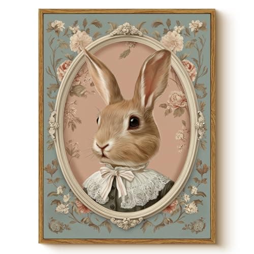 WHASAYART Vintage Bunny Decor Animal Floral Framed Canvas Wall Art 12x16