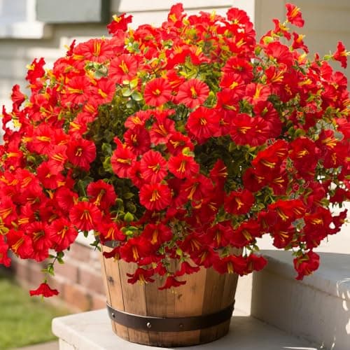 Grunyia 16PCS UV Resistant Artificial Morning Glory Flowers with Eucalyptus - Red Faux Silk Plastic Fake Plants for Outdoor Indoor Garden Porch Planter Window Box Wedding Home Decor