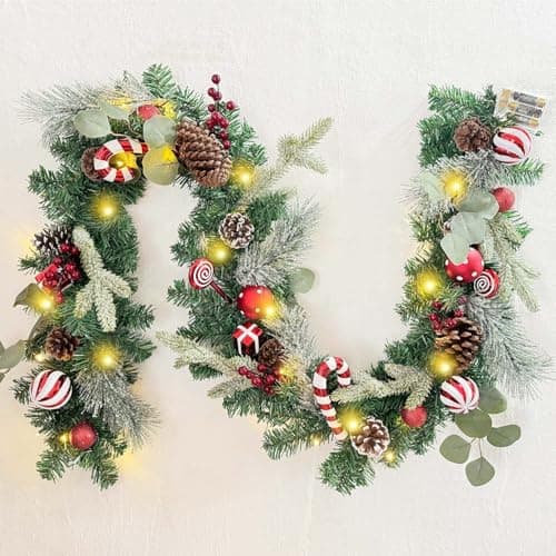 WANNA-CUL Pre-Lit 6ft Red White Christmas Garland with 30 LED Lights