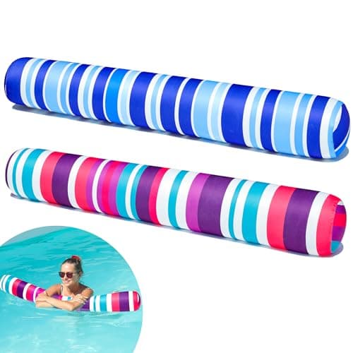 FindUWill 2 Pack Inflatable Swim Pool Noodles, Pool Noodles Floats for Adults, Soft Fabric Covered Large Swim Noodles for Lake, Beach (Blue & Purple)
