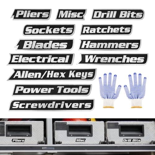 12pcs Magnetic Toolbox Labels with Gloves,3D Printed Toolbox Drawer Tags with Secure Magnetic Backing,Reusable Tool Box Organizer Labels for Steel Tool Chests,Drawers,Cart,Cabinet